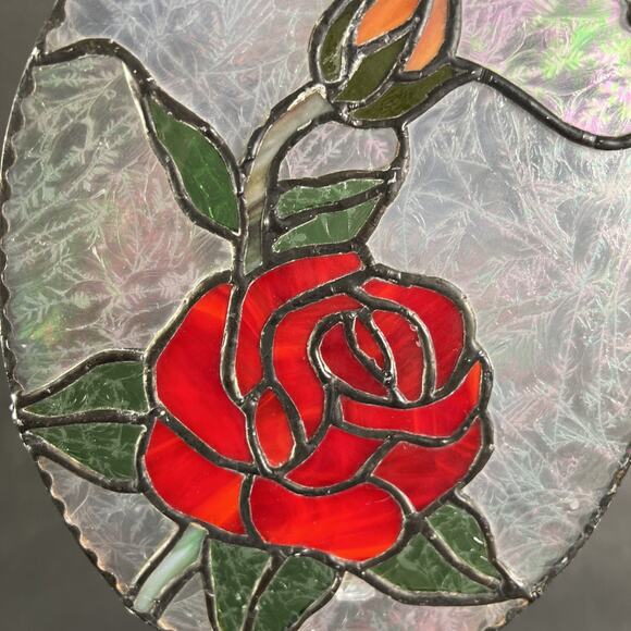 Handmade Stained Glass Red Rose w/Bud Window Hanger 9x7” VTG Floral Panel - Picture 3 of 7